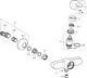 Explosionszeichnung einer HANSA Badezimmerarmatur mit einzelnen Komponenten, darunter Griffe, Dichtungen und Ventile, schematisch angeordnet.